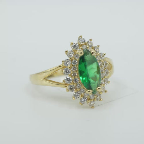 14KT Gold Ring Women's Marquise Dark Green Center CZ with Round Double CZ Border Plain Split Band