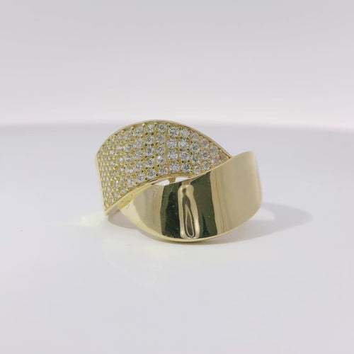14KT Gold Ring Women's Bypass Plain / White CZ Stone Swirl