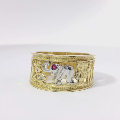 14KT Gold Ring Women's Two Tone "Good Luck" Open Split Band Plain Double Border on Top/Lower Bands (2 Flowers/ Horseshoe/ Flower Eye/ Elephant/ Owl/ Man/ 7/ 2 Flowers)