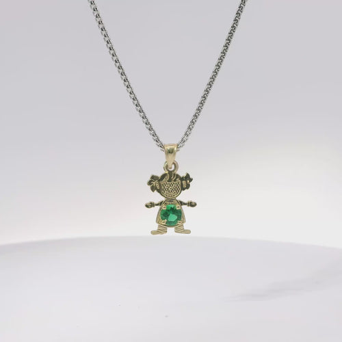 14KT Gold Charm Girl with Green CZ Stone Belly and Plain Bell
