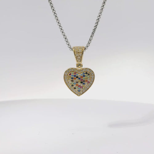 14KT Gold Charm Small 3D Multi Color CZ Stones Heart with White CZ Stones Border and Bell