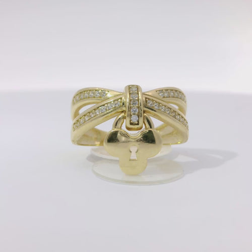 14KT Gold Ring Women's White CZ Stones Infinity Bow with Club Shape Hanging Lock