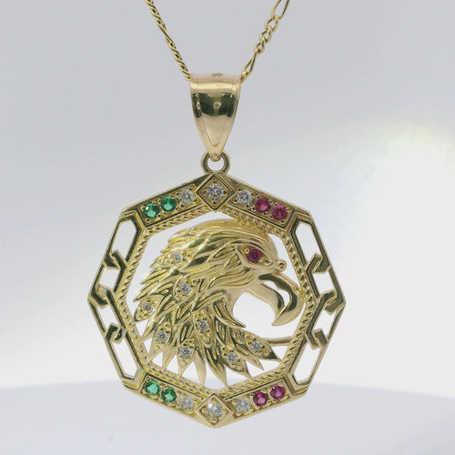 14KT Gold Charm Large Eagle with Red CZ Eye with Red, White, and Green CZ Stones Octagon Frame and Plain Bell