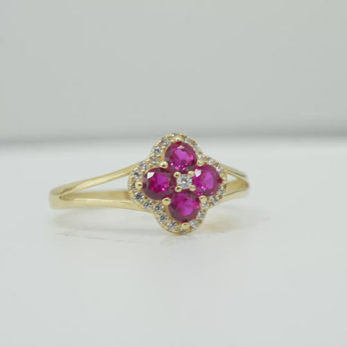14KT Gold Ring Women's Mini Four Petal Flower Dark Pink Petals with White CZ Center Stone and Border Plain Split Band