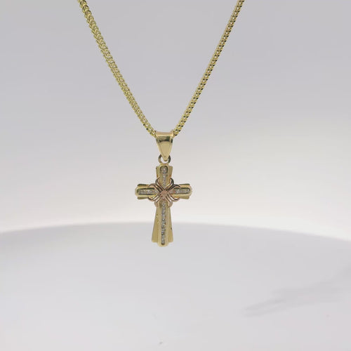 14KT Gold Charm Extra Small Two Tone White CZ Stone Cross Center with Plain Border, Center Ribbon, and Plain Bell