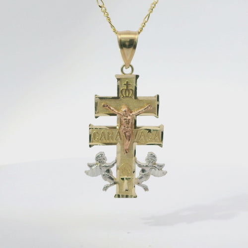 14KT Gold Charm Extra Small Tri Tone Caravaca Crucifix Cross with Plain Bell