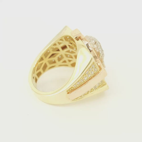 14KT Gold Ring Men's Tri Tone Raised Square/Oval Medusa Portrait with Sunray Background and Corner Design One Green CZ Stone in Each Corner Band Design Double Row White CZ Stone Interlocking Top/Side Cross