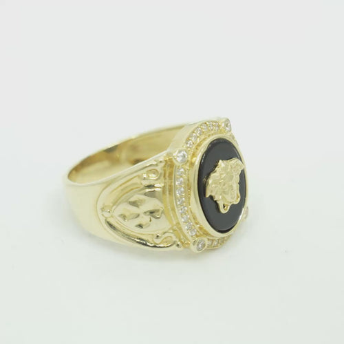 14KT Gold Ring Men's Oval Onyx Medusa Head White CZ Stones Border Side Design Chrome Style Cross
