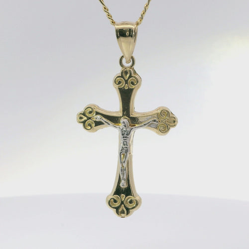 14KT Gold Charm Medium Two Tone Club Shape Flur de Lis Ends Crucifix Cross with Plain Bell