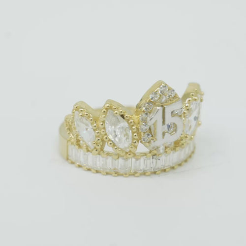 14KT Gold Ring Women's "15" Quinceanera Crown White CZ Stones with White Baguette CZ Stones Band Plain Shank