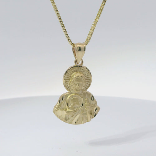 14KT Gold Charm Medium Diamond Cut Jesus Half Body Portrait with Sunray Background and Coin Center with Plain Bell