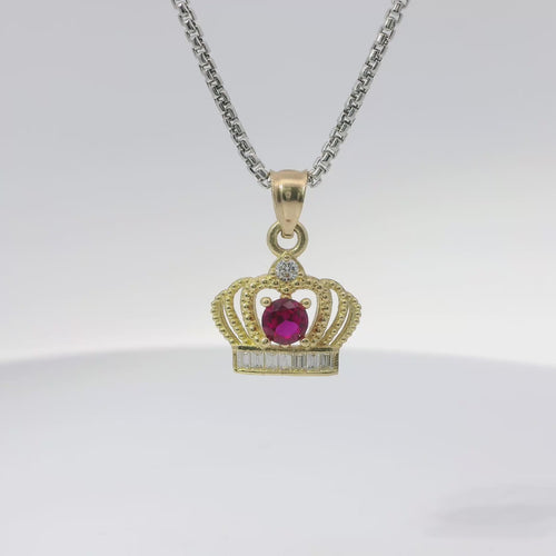 14KT Gold Charm Mini Open Crown Magenta Pink Round CZ Stone Center White Baguette CZ Stones Band and Plain Bell
