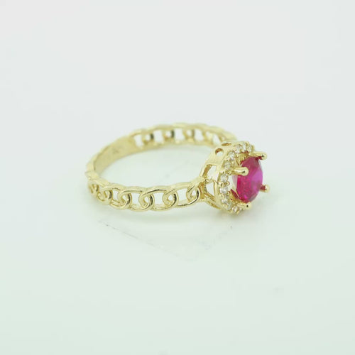 14KT Gold Women's Ring Round Red Center Stone with White CZ Stone Border Chino Band