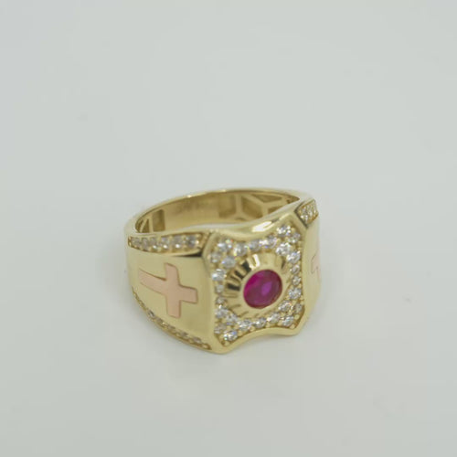 14KT Gold Ring Men's Rectangle Shape Center Platform Red Round Center CZ Stone with White CZ Stones Background Two Tone Cross on Sides with White CZ Stones Border