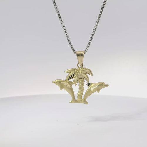 14KT Gold Charm Diamond Cut Palm Tree and Two Jumping Dolphins with Plain Bell