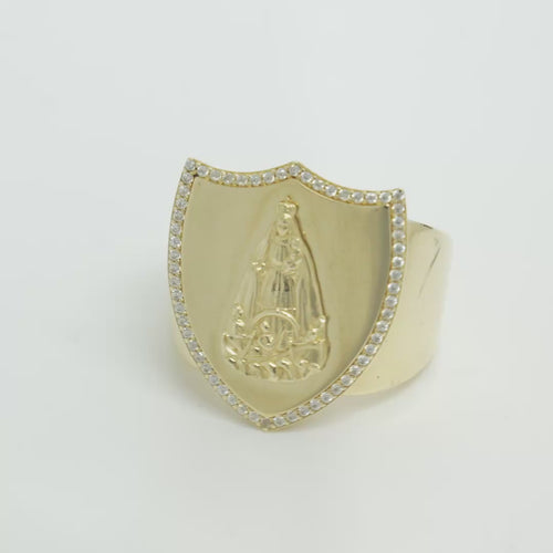 14KT Gold Ring Men's Shield Raised Caridad Cobre Center with White CZ Stones Border and Single Row White CZ Stone Edge