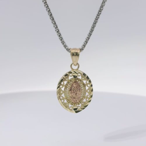 14KT Gold Charm Small Two Tone Open Swirl Pointed Oval Virgin Mary with Diamond Cut Edge and Plain Bell