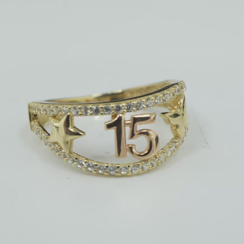 14KT Gold Ring Women's Two Tone "15" Quinceanera Plain Star/ Butterfly with Split White CZ Stones Band