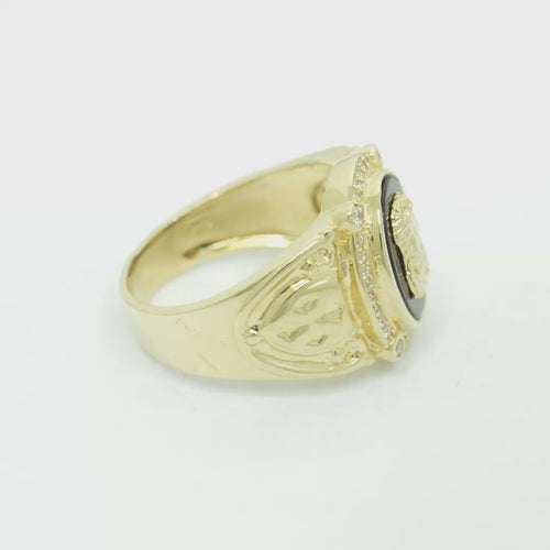 14KT Gold Ring Men's Oval Onyx Jesus Head with White CZ Stones Border Side Design Chrome Style Cross on Shield