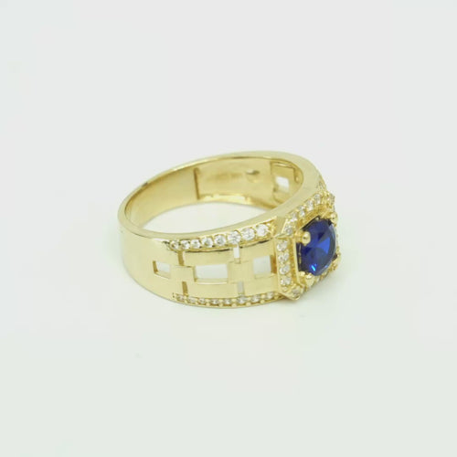 14KT Gold Ring Men's Blue Round CZ Center Stone Square White CZ Stone Border Band Design White CZ Stones Mariner Link