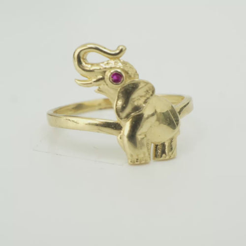 14KT Gold Ring Women's Plain Left Facing Red Eye Elephant with Tusks Up Plain Band