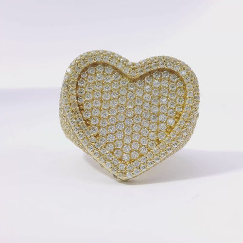 14KT Gold Ring Women's White CZ Stones Heart Flat Cluster Center with Double White CZ Row Border and 12 Row of CZ Band
