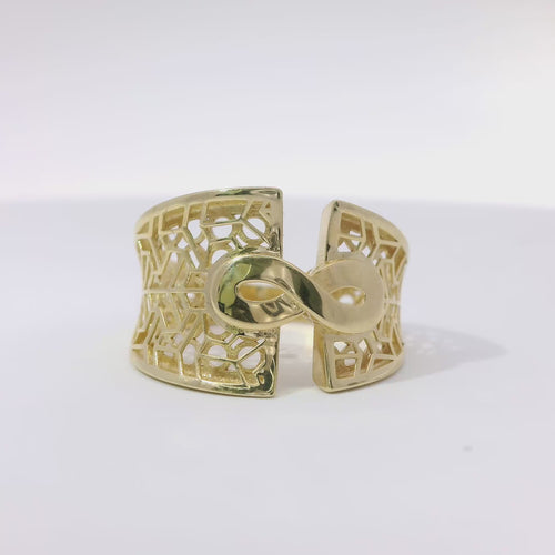 14KT Gold Ring Women's Abstract Infinity Symbol Top Split Band Design Cube Graphic Lattice Cutout Band