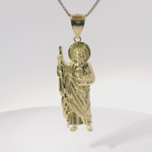 14KT Gold Charm Medium Diamond Cut Halo Left Facing St Jude with Plain Bell