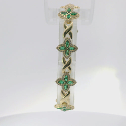14KT Gold Bracelet Women's Tennis Green CZ Stones Marquise Clover Flower Charms with White CZ Stones Border and Cuban Link White CZ Stones Crowned Diamond Shape Emblem Box Clasp Band