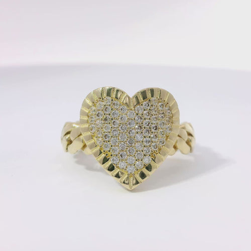 14KT Gold Ring Women's Flat Curved White CZ Stones Heart with Plain Etched Border and Cuban Link Band