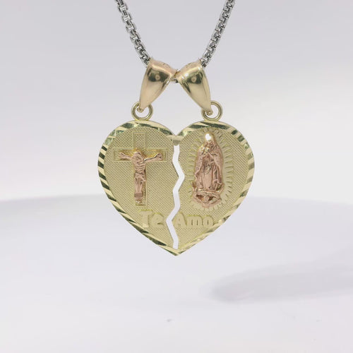 14KT Gold Charm Large Two Tone "Te Amo" Broken Heart with Left Jesus Crucifix and Right Virgin Mary with Diamond Cut Border and Double Plain Bell
