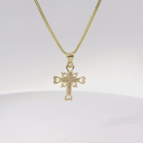 14KT Gold Charm Small White CZ Stones Cross Center with Open Heart Cutout Ends Border and Plain Bell