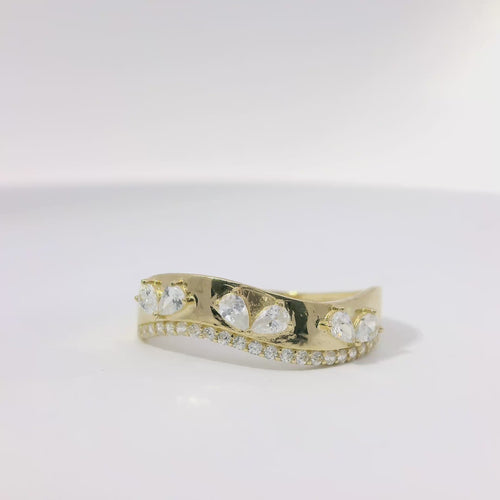 14KT Gold Ring Women's Wavy Band with Six Pear CZ Stones and One Row White CZ Stone Border