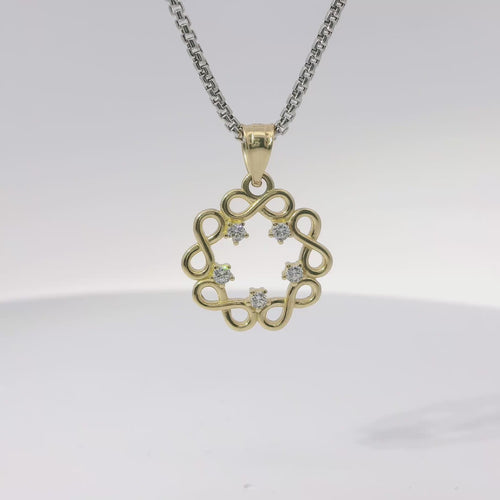 14KT Gold Charm Small Plain Infinity Wreath with Five White CZ Stones Center and Plain Bell