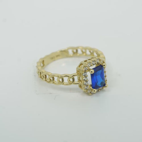 14KT Gold Ring Women's Navy Blue Rectangle Center Stone with White CZ Stone Border and Chino Link Band