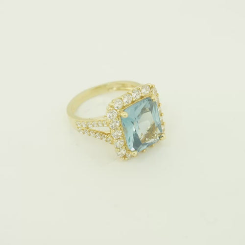 14KT Gold Ring Women's Jumbo Rectangle Turquoise Center CZ Stone with Round White CZ Stones Border and Split White CZ Stones Band