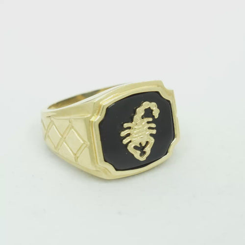 14KT Gold Ring Men's Square Onyx Scorpion Plain Border Side Design Triple Stacked Rhombus