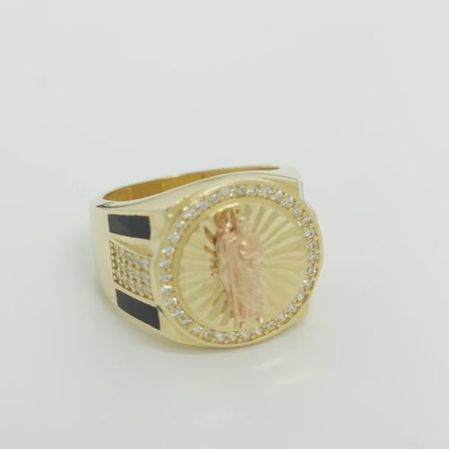 14KT Gold Ring Men's Round Two Tone St. Jude White CZ Stone Border with Triple Row White CZ Side Stones and Onyx Stripe