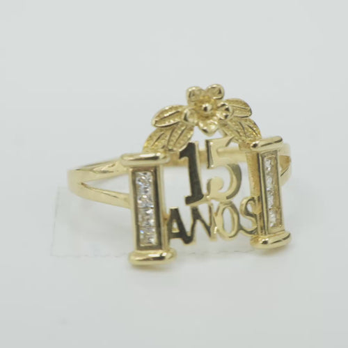 14KT Gold Ring Women's "15 Anos" Quinceanera White CZ Stones Gate with One Gold Five Petal Plain Gold Flower and Plain Split Band