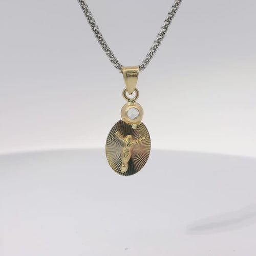 14KT Gold Charm Extra Small Tri Tone Oval Crucifix Sunray Coin with White CZ Stone Top and Plain Bell