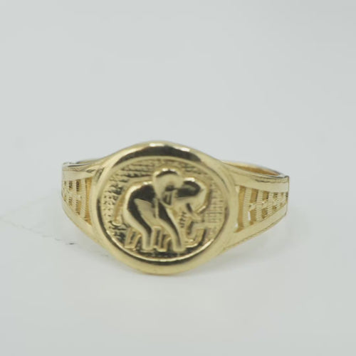 14KT Gold Ring Women's Embossed Oval Elephant Coin 5 Line Side Band