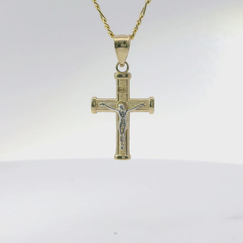 14KT Gold Charm Baby Two Tone Bar End Crucifix Cross with Plain Bell
