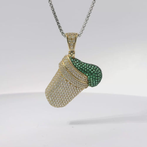14KT Gold Charm Large 3D Double Cup Green Lean Flat Back with White CZ Cup and Bell