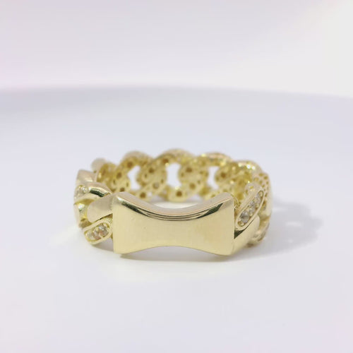 14KT Gold Ring Women's Small Alternating White CZ Stones Cuban Link and Plain Cuban Link Band