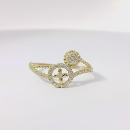 14KT Gold Ring Women's Light Weight White CZ Stones Four Petal Plain Flower Open Center Beaded Bypass and White CZ Stones Band