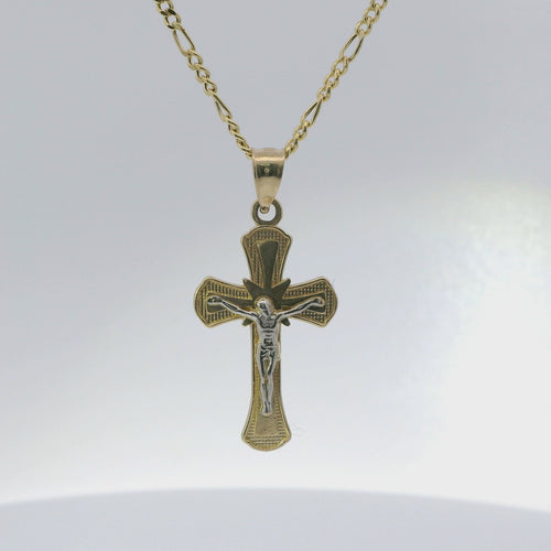 14KT Gold Charm Small Two Tone Bell Flare Ends Crucifix Cross with Plain Bell