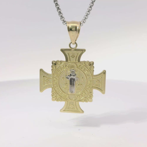 14KT Gold Charm Medium Round St Benedict Medal Crucifix with Plain Bell