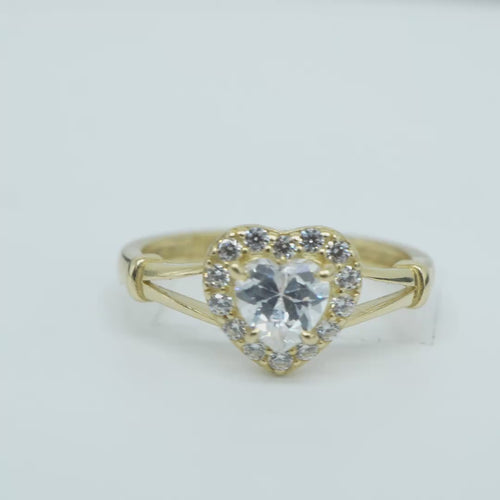 14KT Gold Ring Women's White Heart Shape Center CZ Stone with White CZ Stone Border and Plain Split Band with Knots