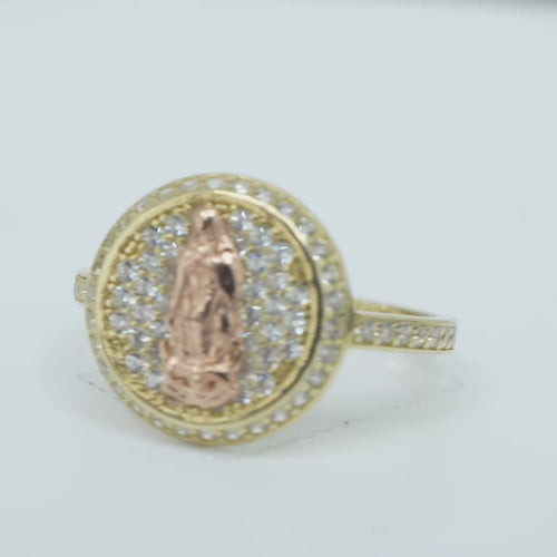 14KT Gold Ring Women's Round Two Tone Virgin Mary White CZ Center with Plain Border White CZ Stone Edge and Band