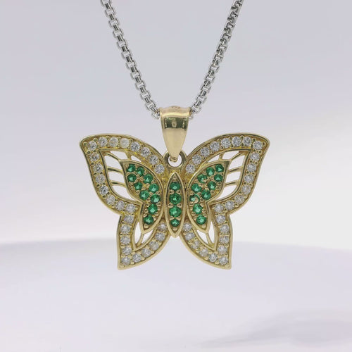 14KT Gold Charm Dark Green CZ Center Butterfly with White CZ Stone Wings Border and Plain Bell